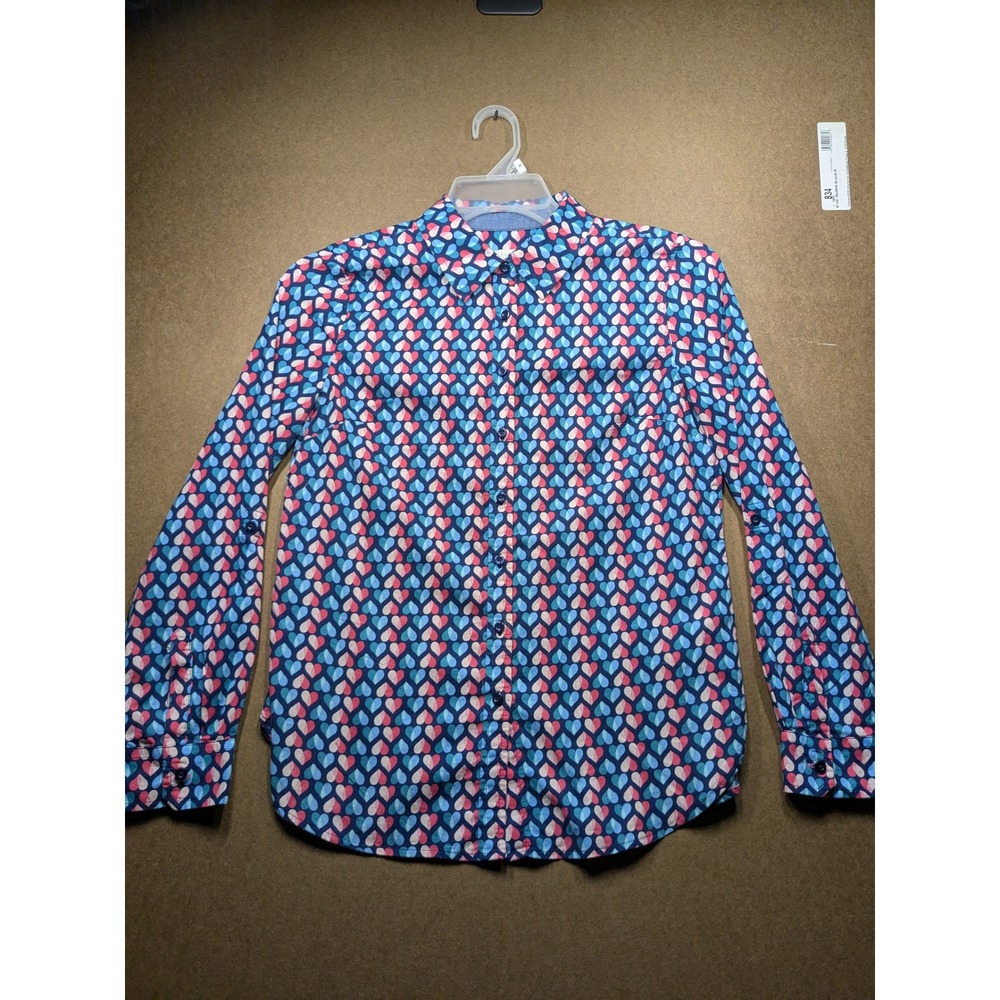 Talbots Petite Womens SP Blue Pink Heart Print Button Down Shirt Roll Tab Sleeve